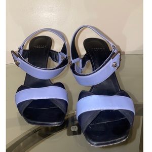 Versace Blue & Purple  Velcro Strap Leather Heeled Sandals